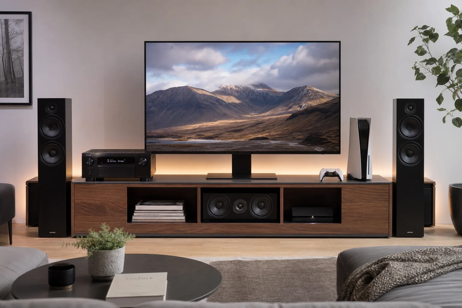 Heimkino-Setup mit Receiver, Fernseher und Spielekonsole auf einem TV-Möbel