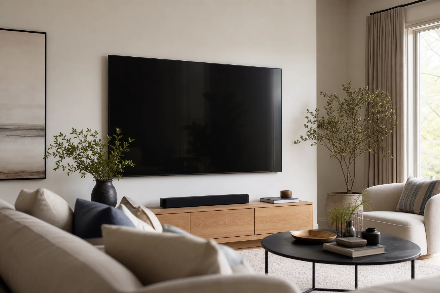 Wohnzimmer mit einem großformatigen Fernseher an der Wand über einem Medienboard