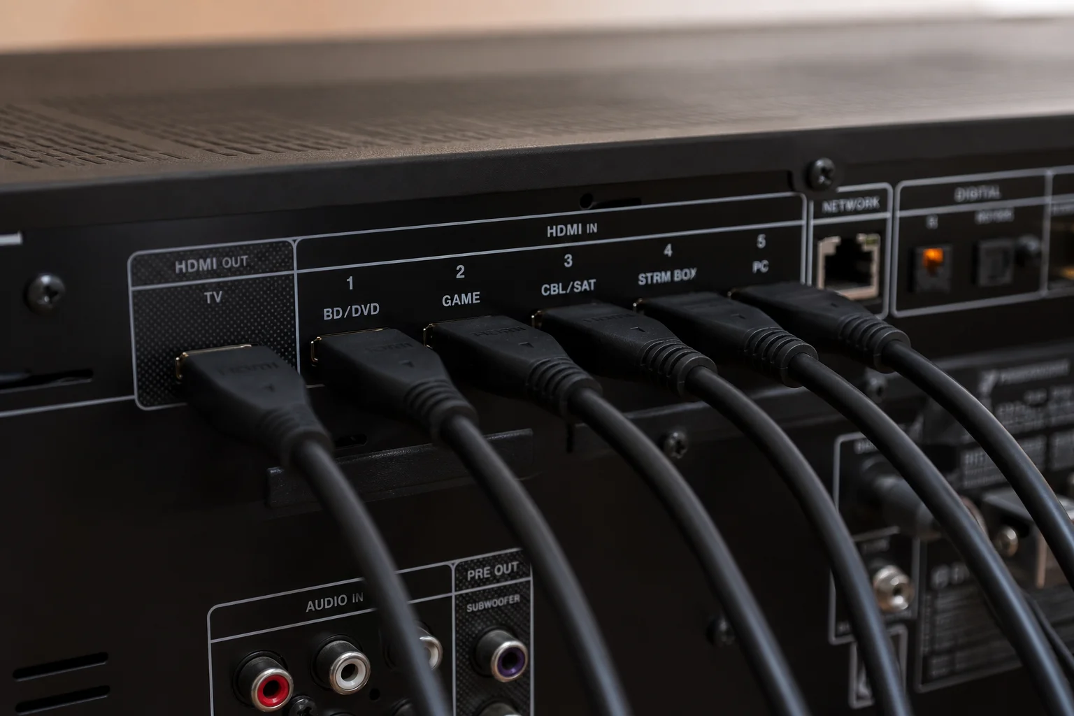 HDMI-Kabel an der Rückseite eines AV-Receivers mit mehreren Anschlüssen