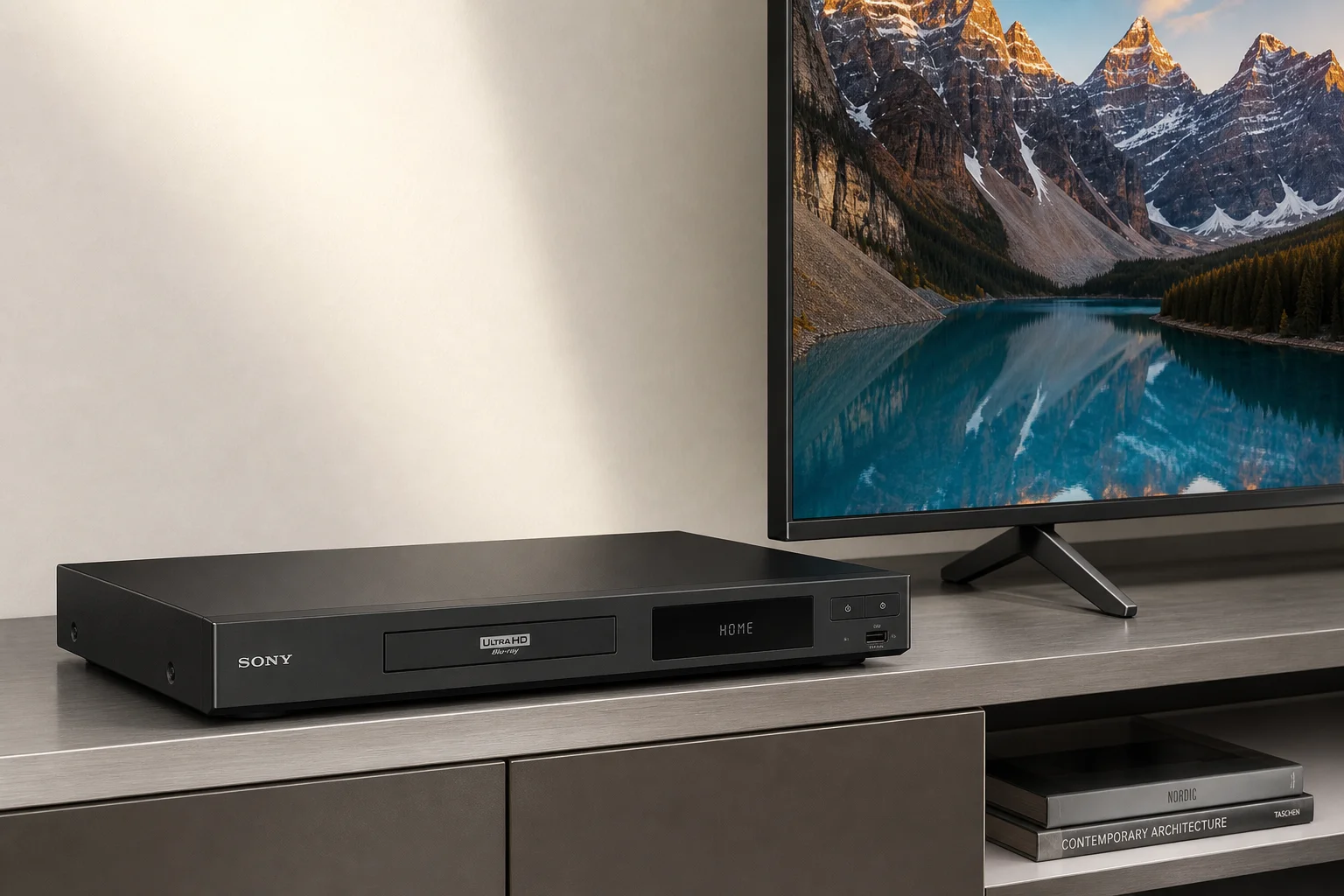 Lettore Blu-ray 4K e TV moderna su uno scaffale in metallo con una morbida illuminazione da studio