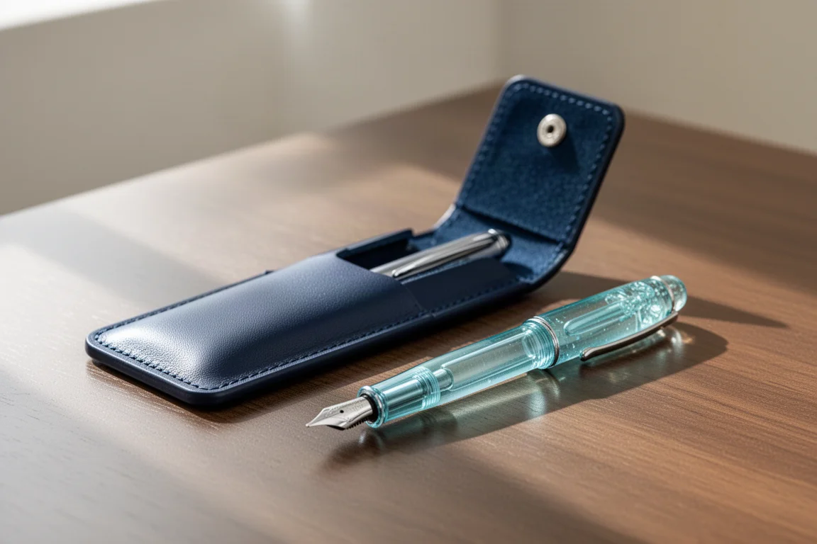 Aquamarine resin fountain pen resting on a desk beside a single pen case