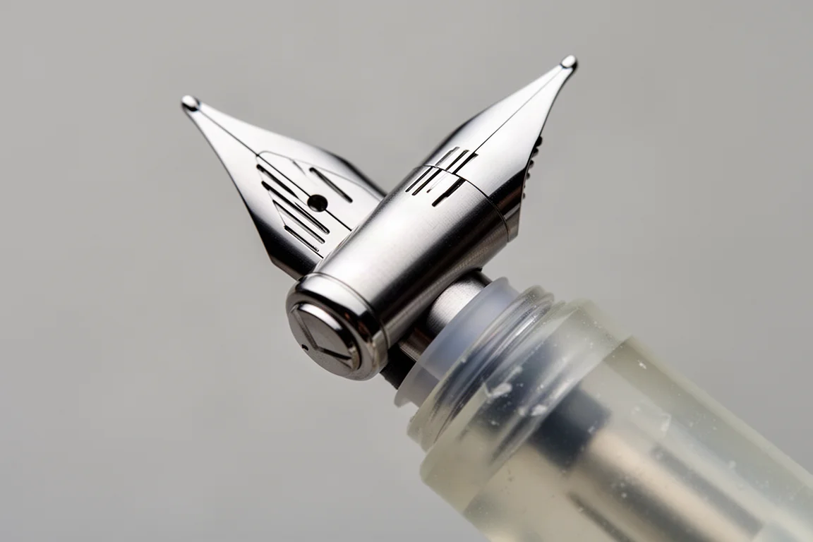 Close-up of a stainless steel flex nib showing precision laser-cut slits