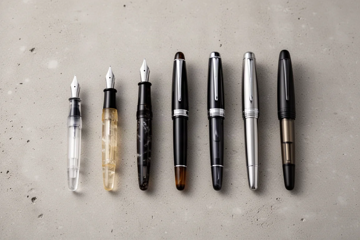 Several fountain pens of different sizes lined up for comparison on a desk