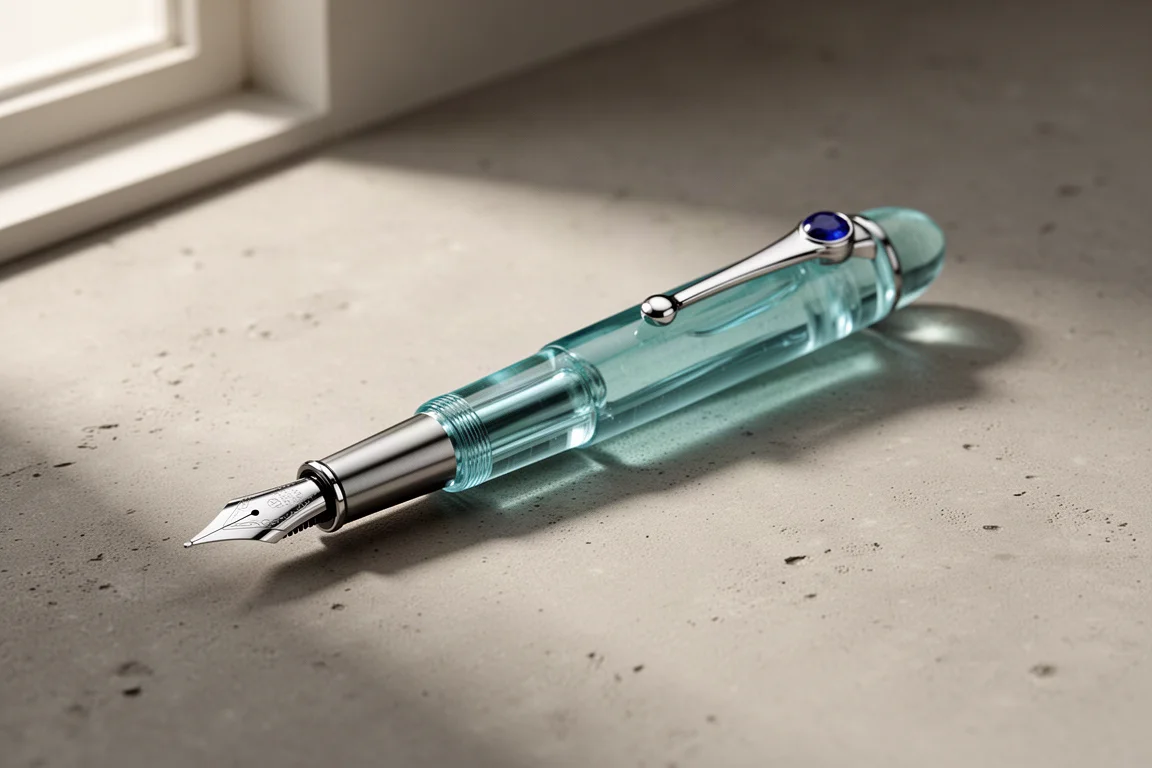 Aquamarine resin fountain pen with blue sapphire clip accent on concrete surface