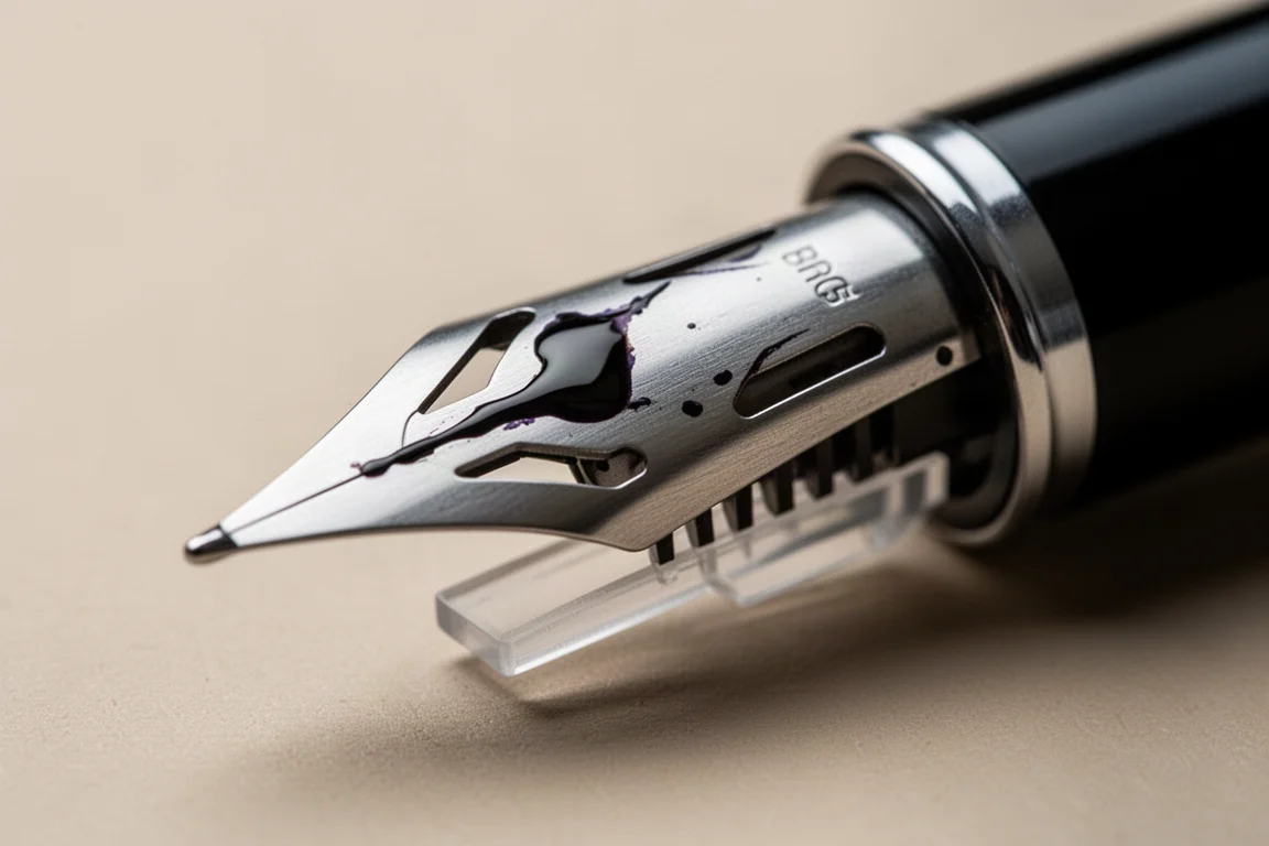 Primo piano di una punta in acciaio di una penna stilografica modificata con tagli personalizzati