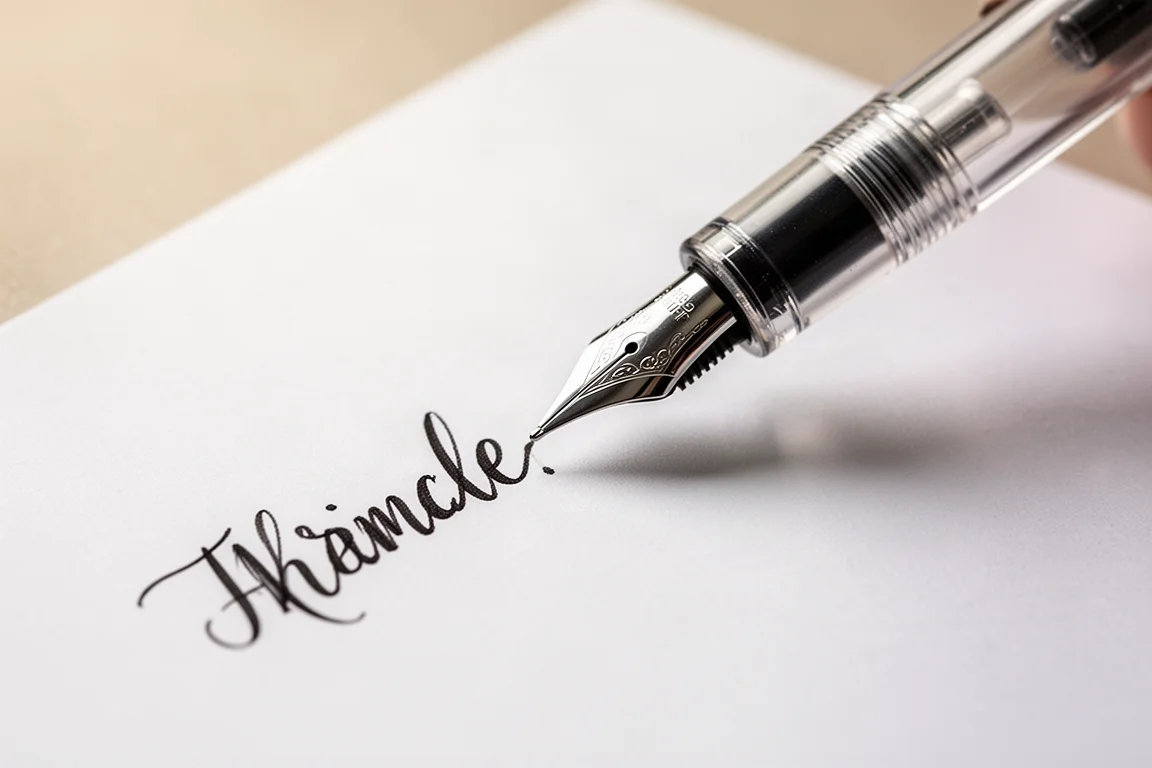 Penna stilografica che scrive con variazione di linea flex su carta bianca