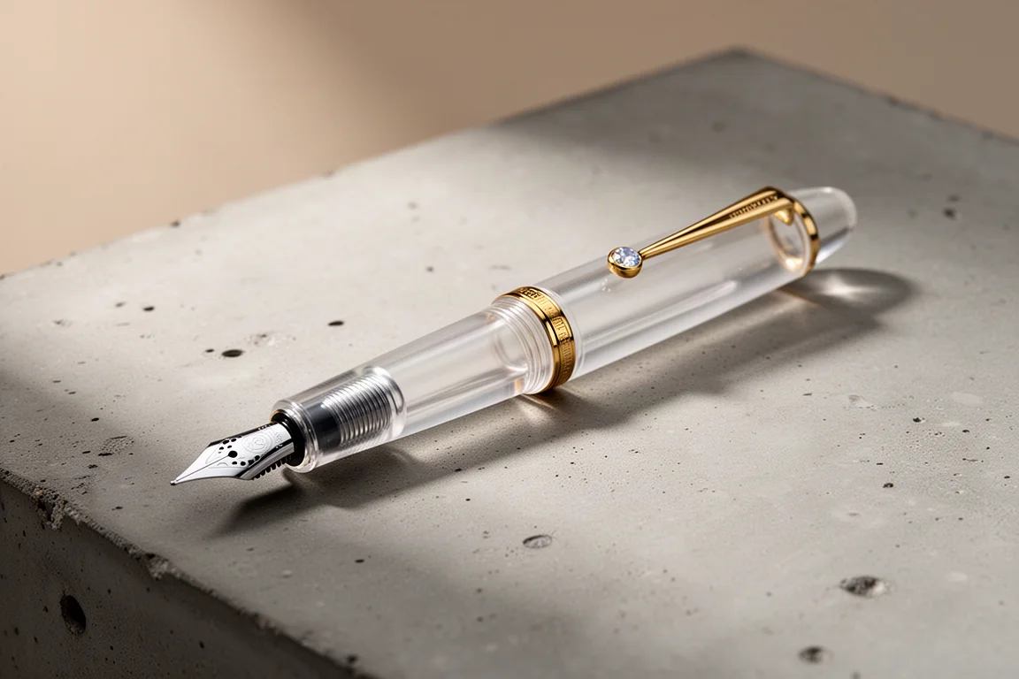 Translucent clear fountain pen with gold trim and steel flex nib on concrete surface