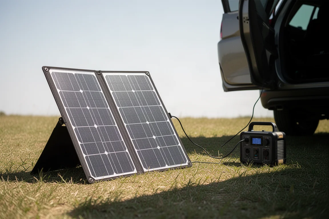 Pannello solare pieghevole appoggiato sull'erba che ricarica una power station all'ombra di un'auto