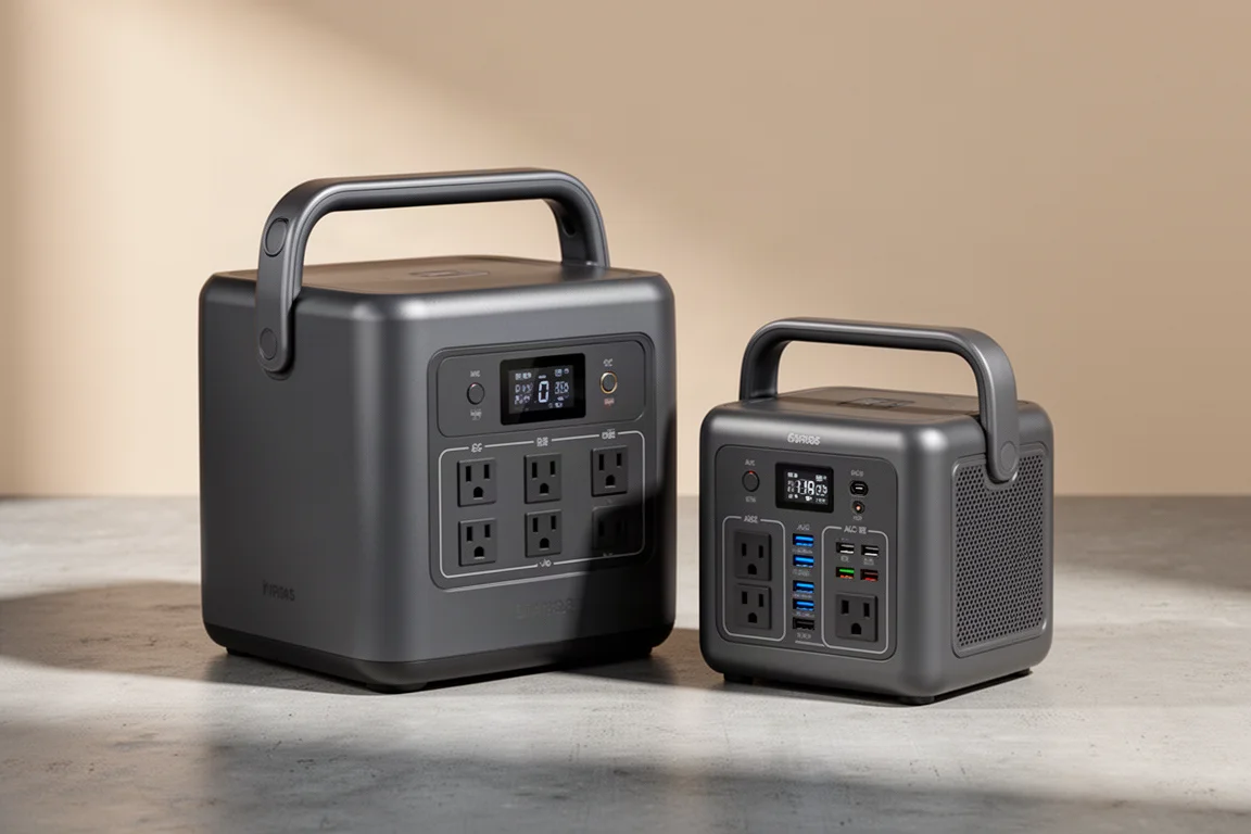 Two portable power stations of different sizes side by side on a concrete surface