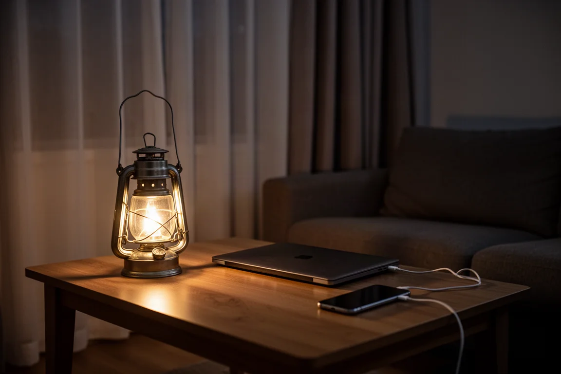 Living room during a power outage lit by a lantern with a laptop on a table