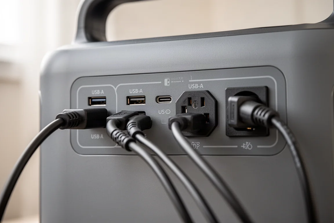 Close-up of USB-C and AC output ports on a portable power station