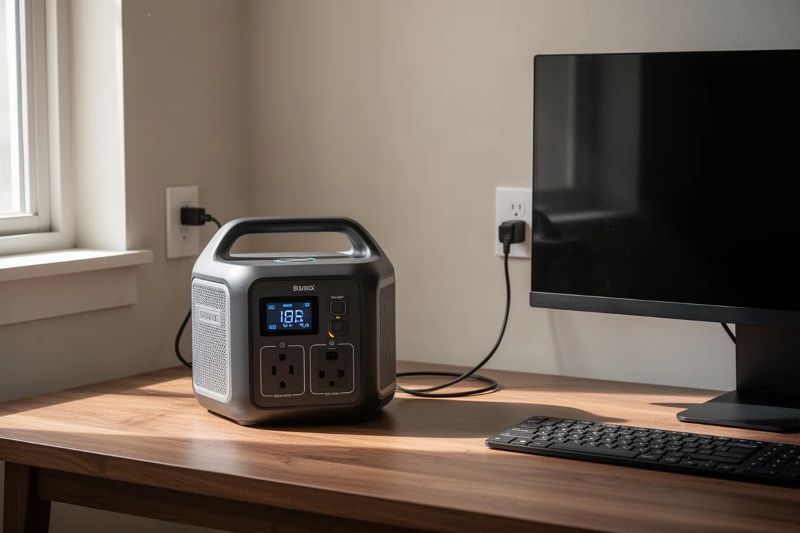 Portable power station on a desk connected to a wall outlet as a UPS backup