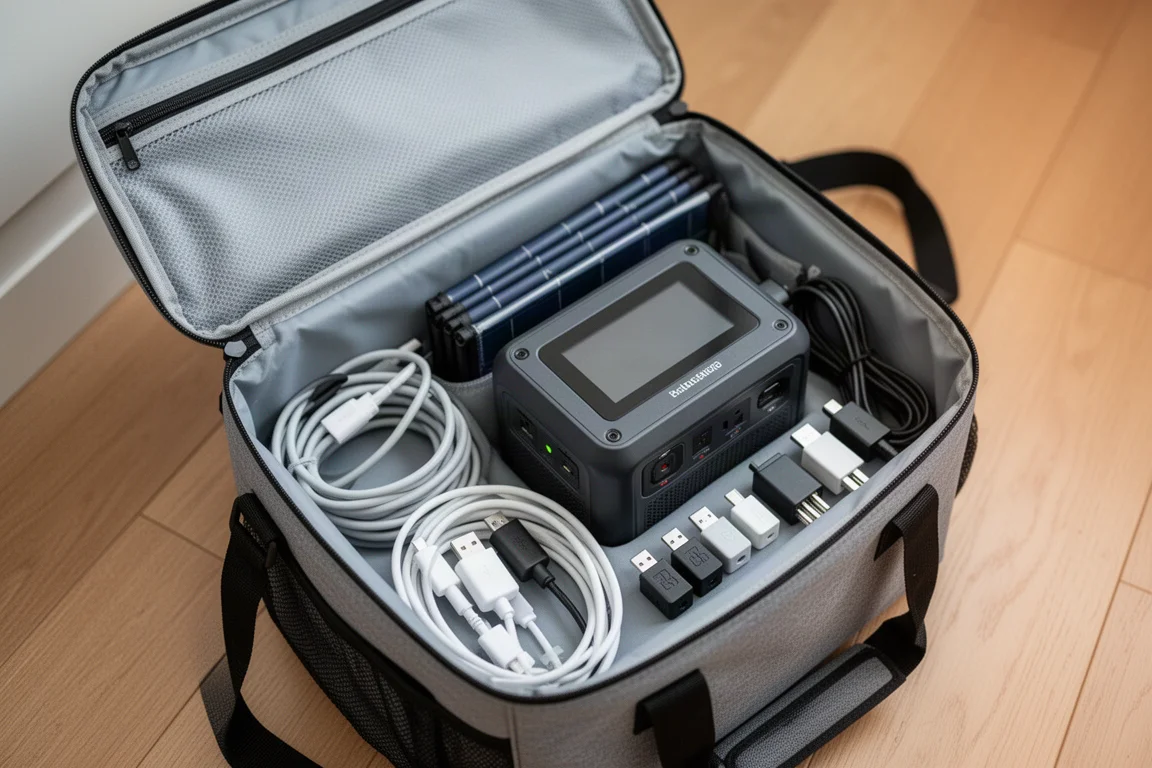 Portable power station packed in a cooler bag with cables organized inside