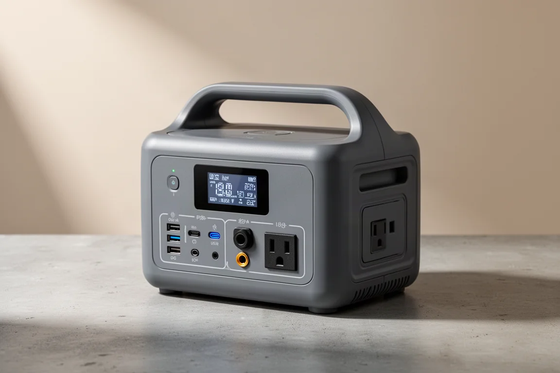 Compact 300W portable power station with display and output ports on concrete surface