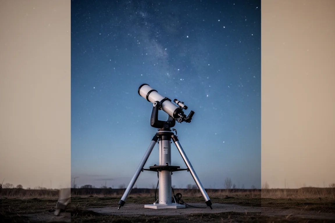 Astrofilo che installa una montatura per telescopio su un pilastro sotto un cielo notturno sereno