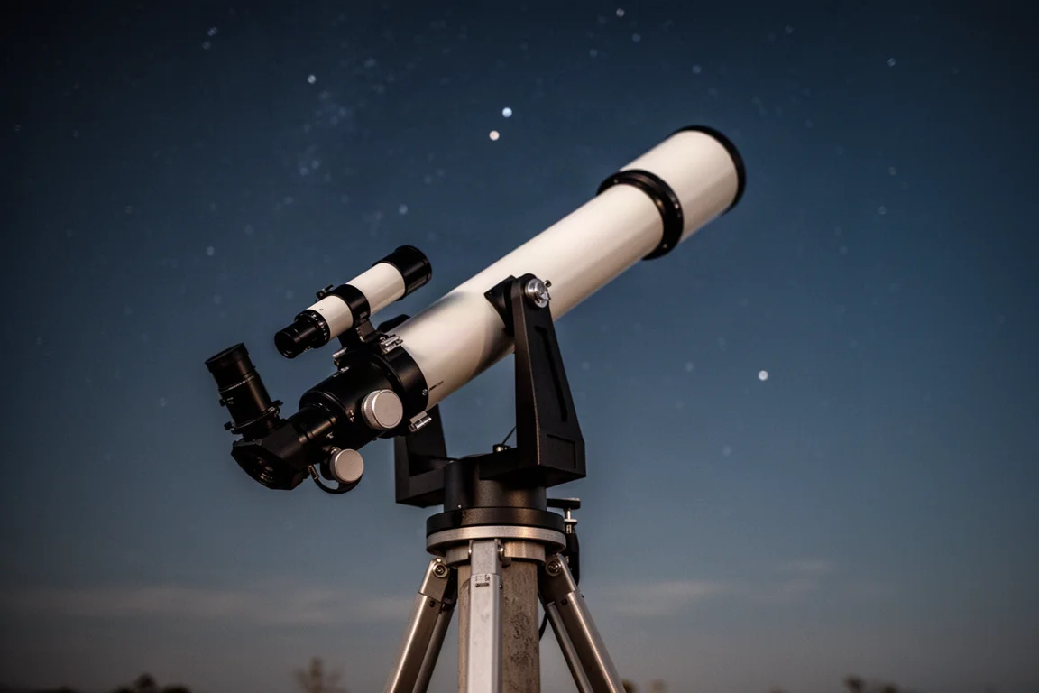 Grande telescopio rifrattore su un pilastro che traccia vicino allo zenit di notte