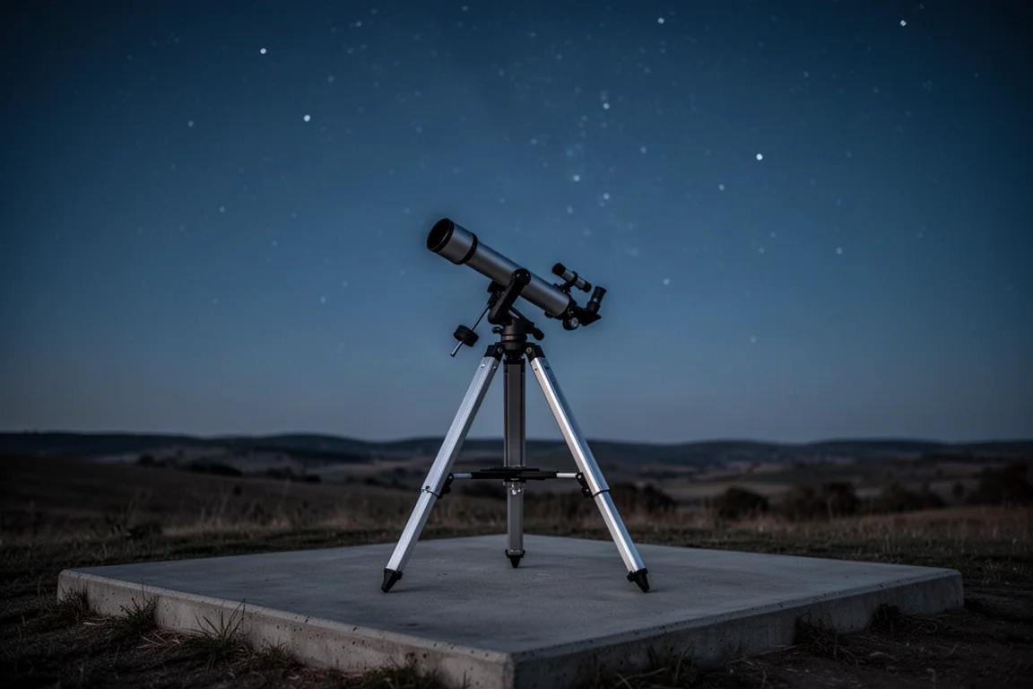 Portable aluminum telescope pier set up under a darkening night sky