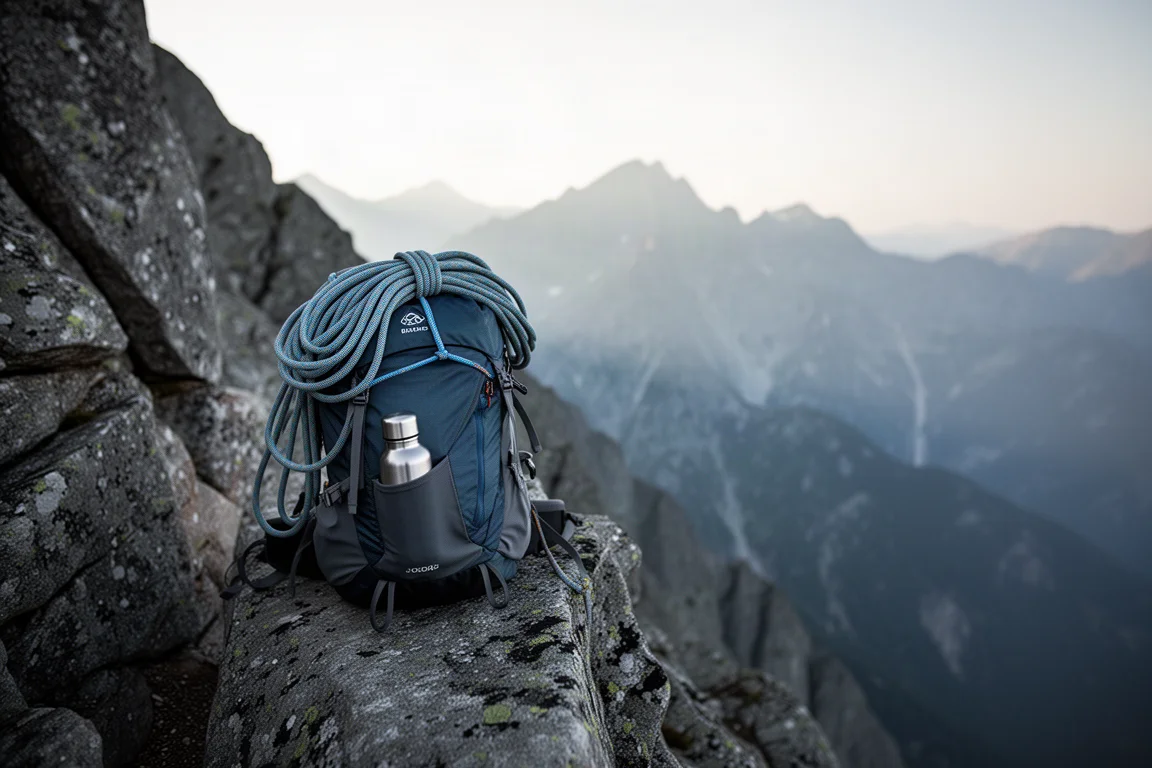 Sac d'escalade compact avec une corde attachée sur le dessus, posé sur un replat rocheux alpin
