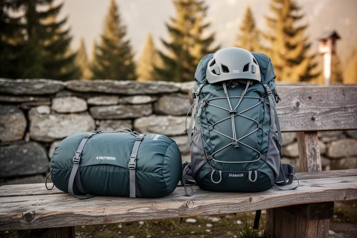 Deux sacs d'escalade de tailles différentes côte à côte sur un banc en bois devant un refuge de montagne