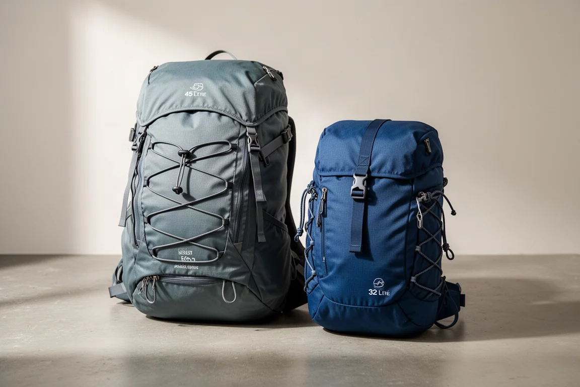 Two climbing backpacks of different sizes side by side on a concrete surface