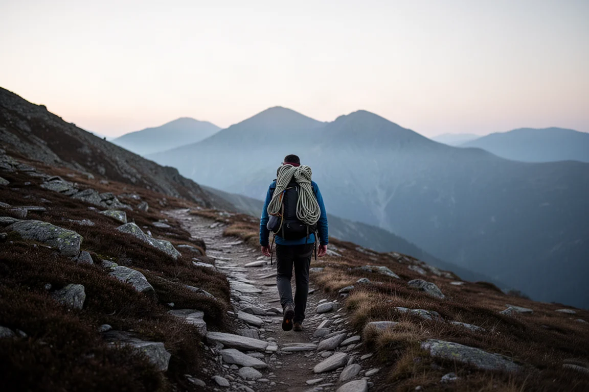 Kletterer geht in der Dämmerung mit beladenem Rucksack auf einem Bergpfad