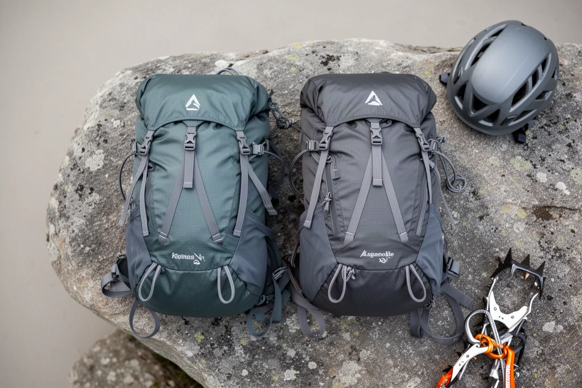 Draufsicht auf zwei leichte Alpinrucksäcke auf verwittertem grauem Stein mit Helm und Steigeisen
