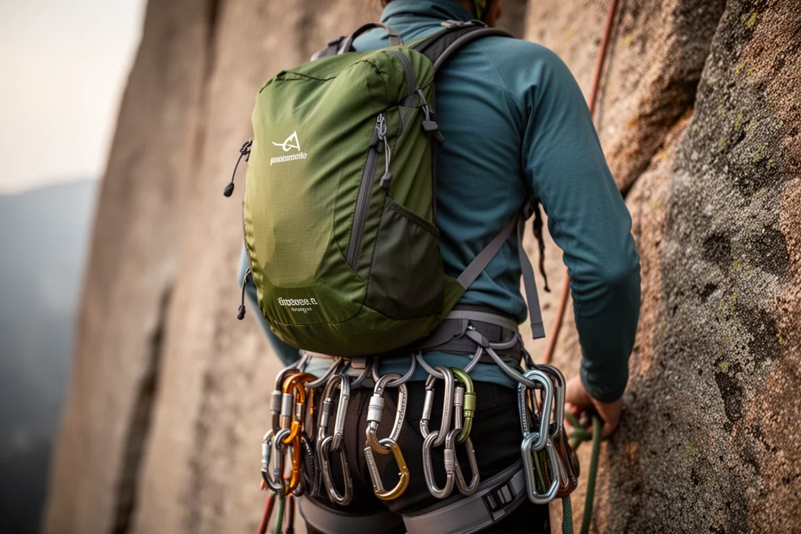Leichter Kletterrucksack hoch auf dem Rücken eines Kletterers auf einer Granit-Mehrseillängenroute