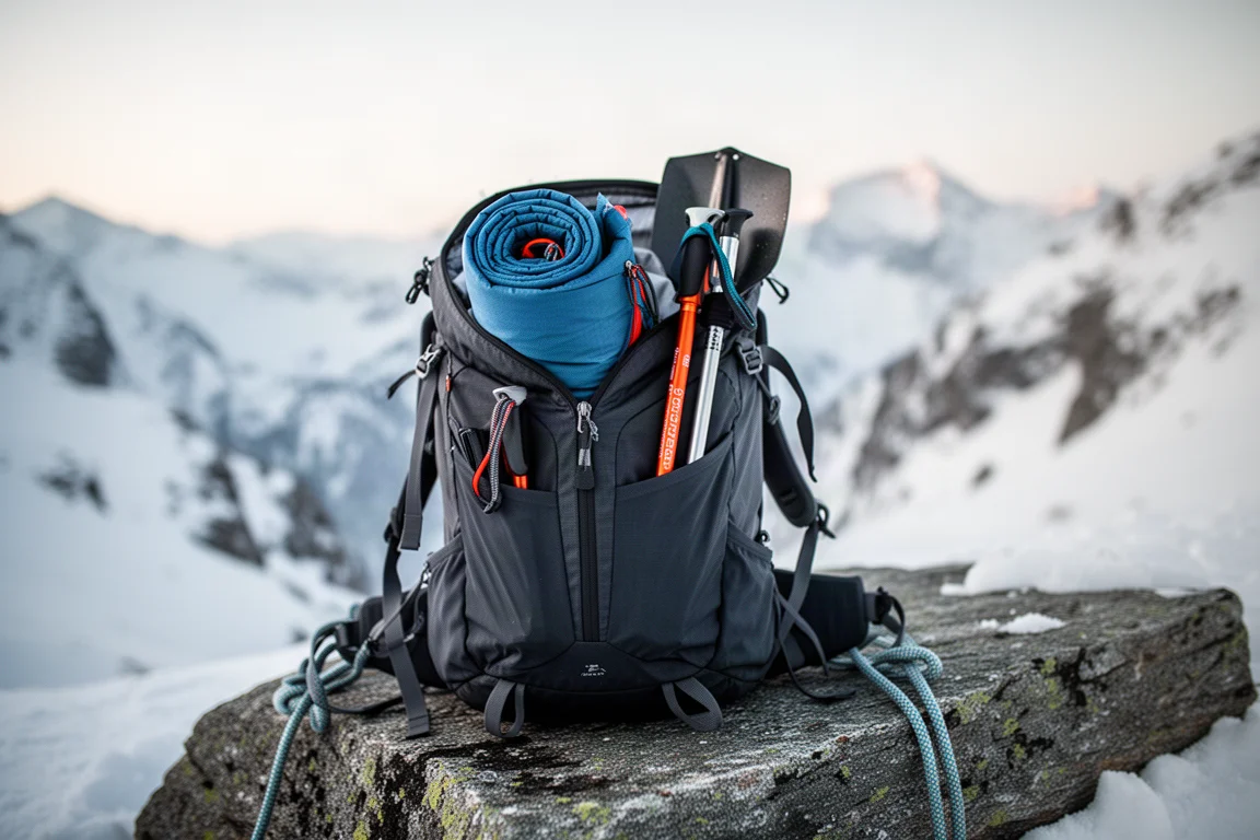 Kleiner Kletterrucksack zusammengerollt und in einem größeren dunklen Rucksack auf einer Felsplatte mit Schneeausrüstung verstaut