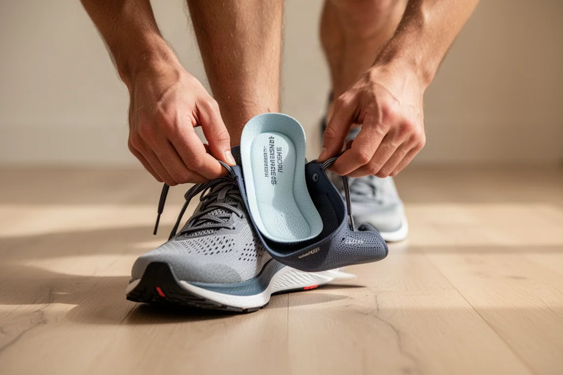 Coureur nouant les lacets d'une chaussure de running sur un plancher de bois avant une sortie