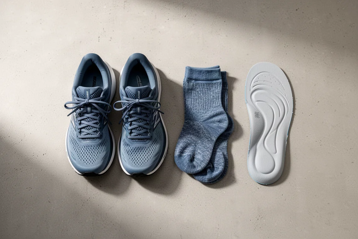 Vue à plat de chaussures de running, de chaussettes et d'une semelle de rechange sur un bureau
