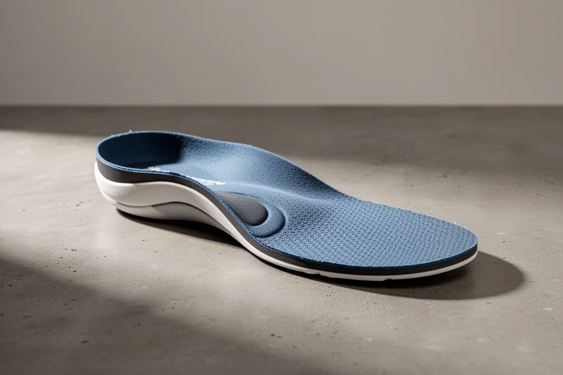 Blue Maca Connect insole shown at three-quarter angle on matte concrete