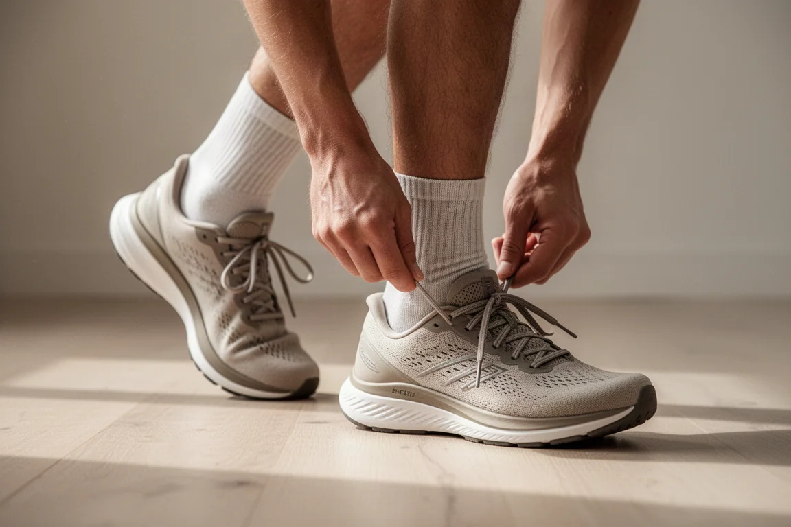Läufer schnürt einen Laufschuh auf neutralem Untergrund in Innenräumen