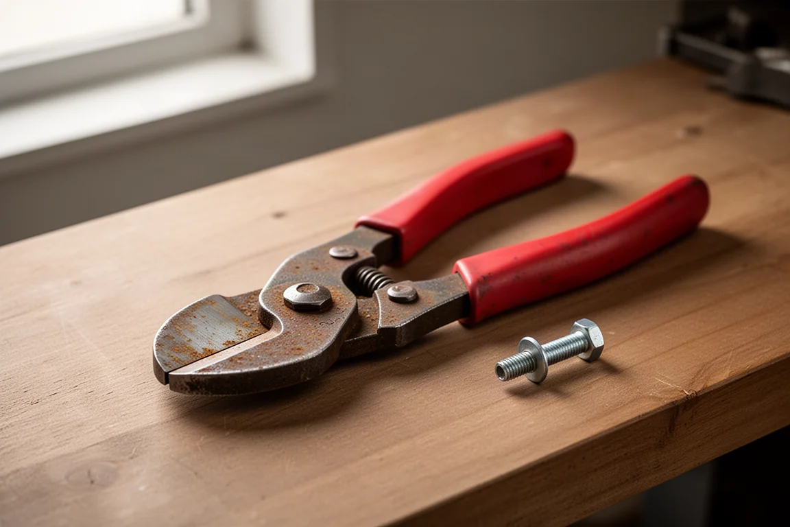 Used Blue Point PWC80A cable cutters with rusted jaws on a workbench