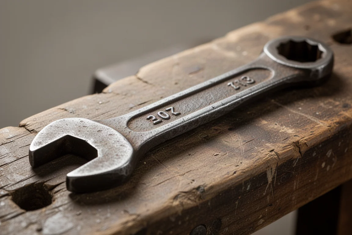 Close-up van een vintage gesmede steeksleutel met verhoogd paneel op versleten staal