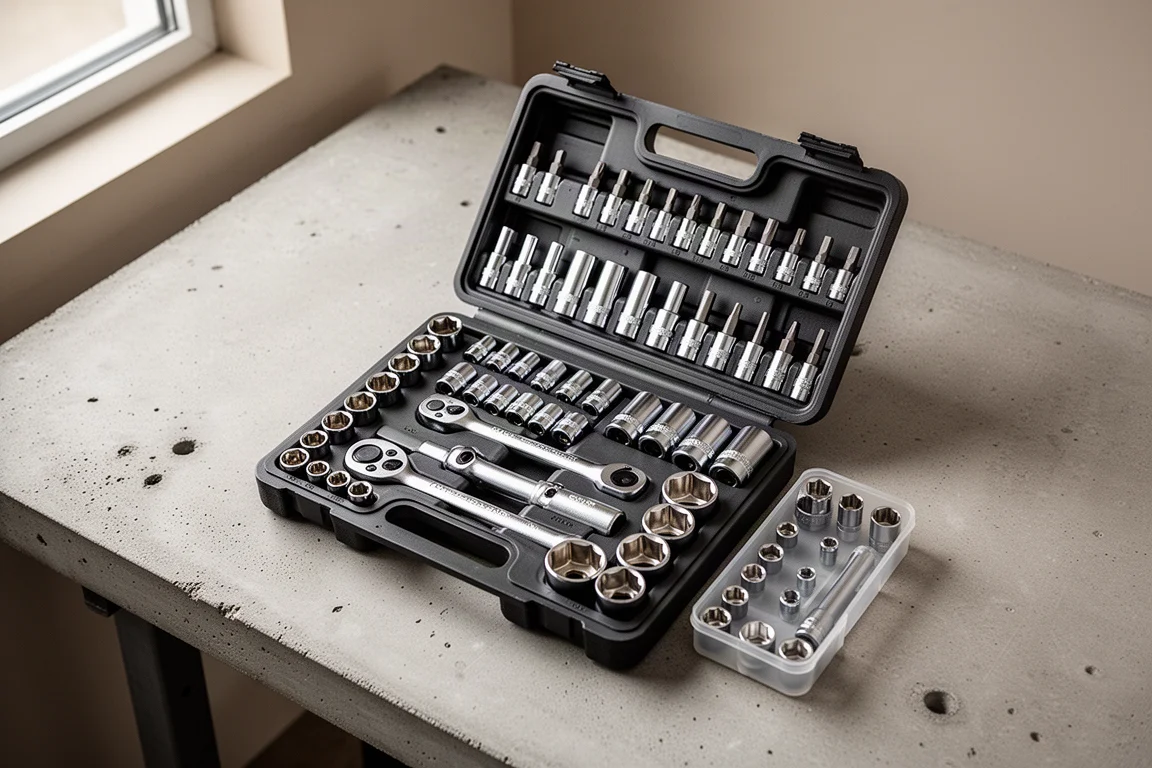 Mallette d'outils ouverte avec douilles et embouts disposés sur un établi