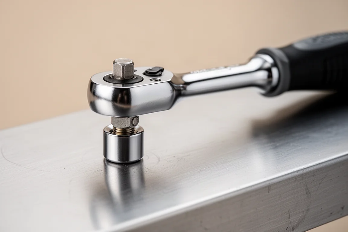Gros plan sur une petite douille à cliquet compacte serrant un boulon sur une surface métallique