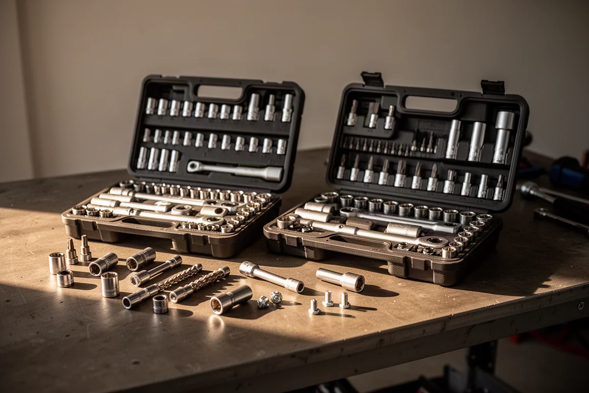 Établi de mécanicien avec mallettes d'outils ouvertes et quincaillerie éparse sous une lumière chaude
