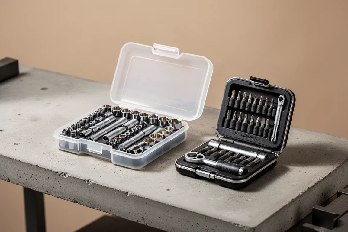 Mallette du jeu de douilles Blue Point et mallette du Wera Tool Check Plus côte à côte sur un établi