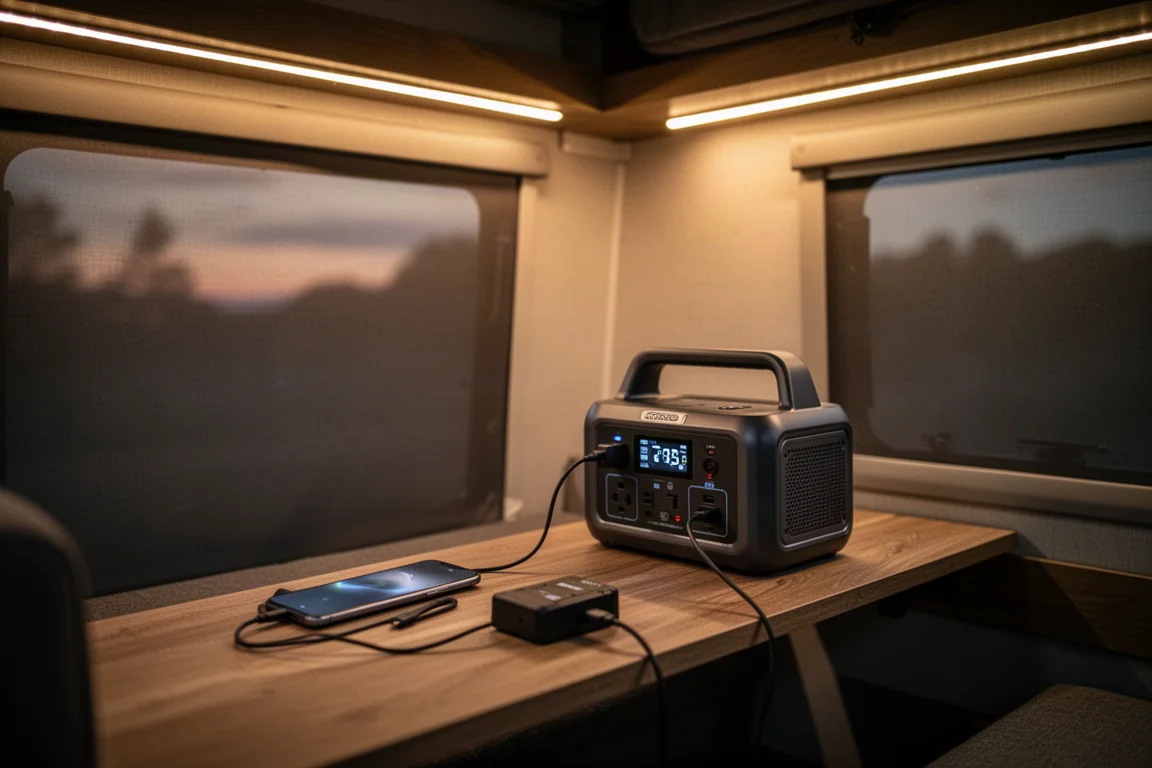 Abendliches Truck-Camper-Interieur, beleuchtet von warmen LED-Streifen, die von einer Power Station gespeist werden