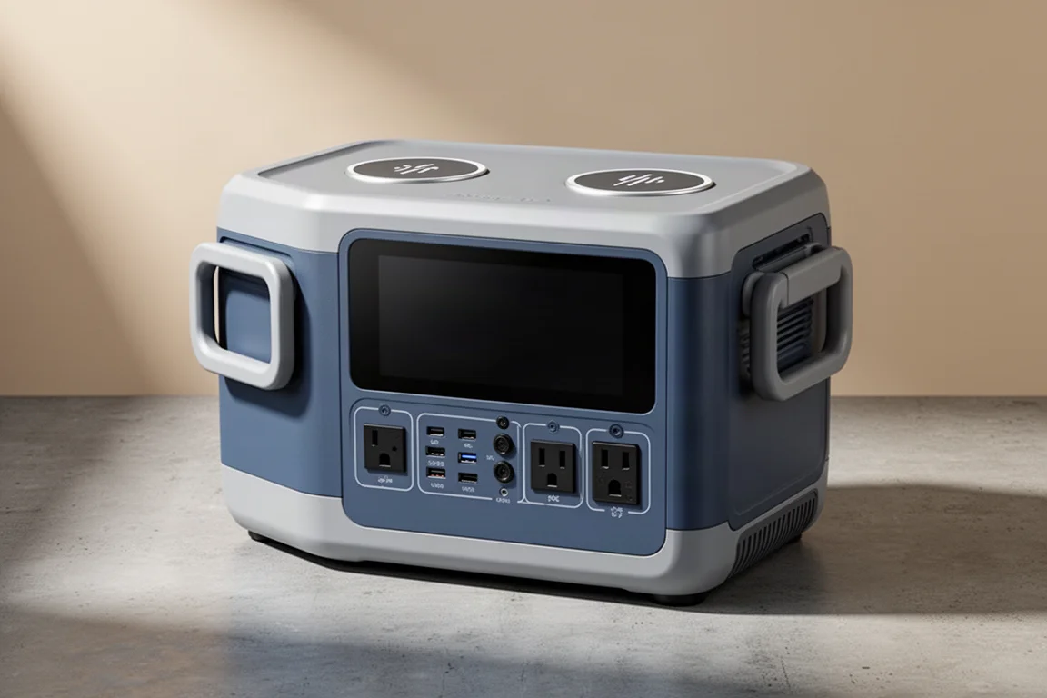 Blue Yeti AC200P portable power station with side grab handles on a concrete surface