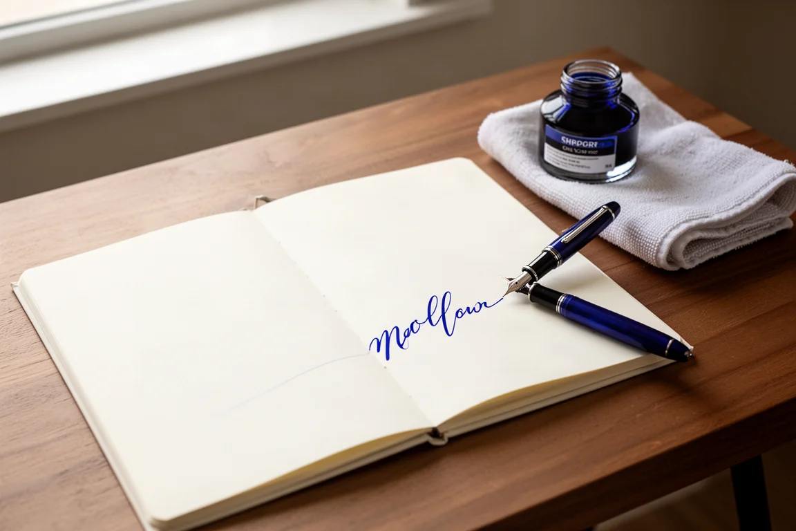 Mani che scrivono in corsivo con una penna stilografica a punta flessibile su un quaderno grande alla scrivania