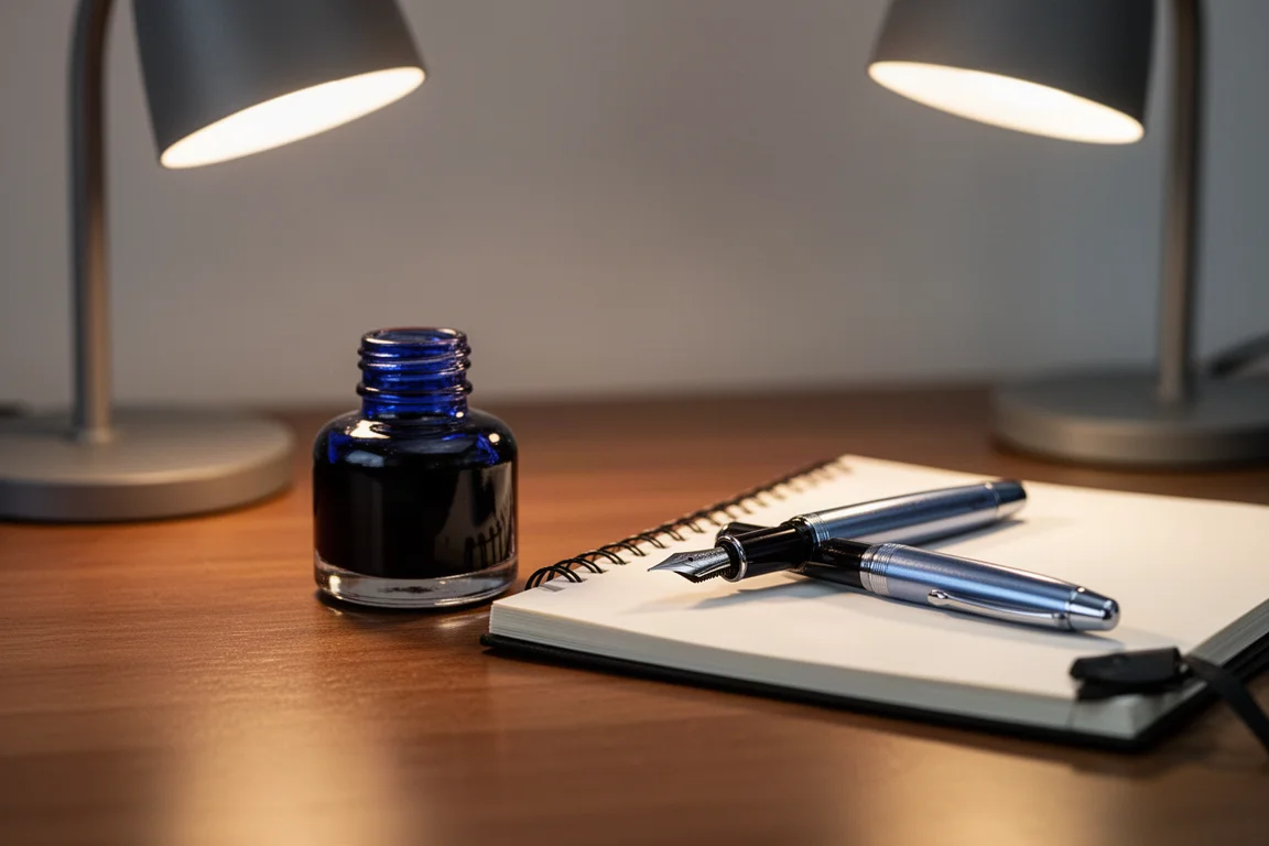 Bottiglia di inchiostro blu accanto a una penna stilografica appena riempita su una scrivania casalinga