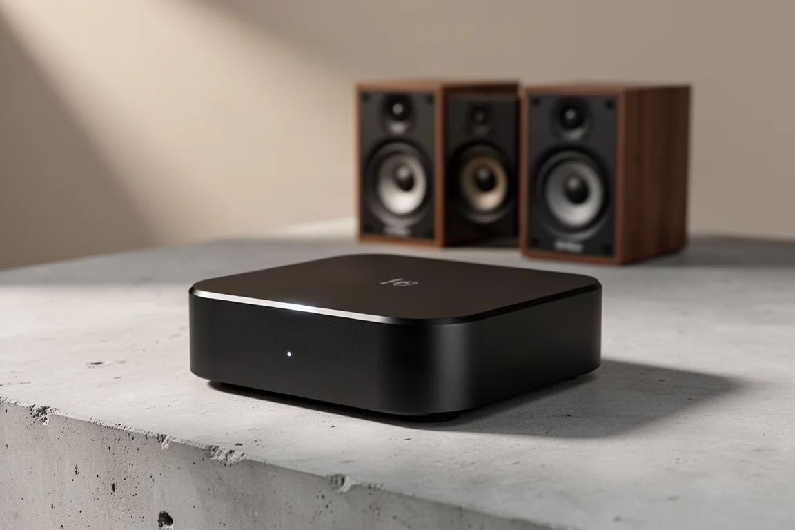 Compact matte black network streamer on a concrete surface with speakers behind