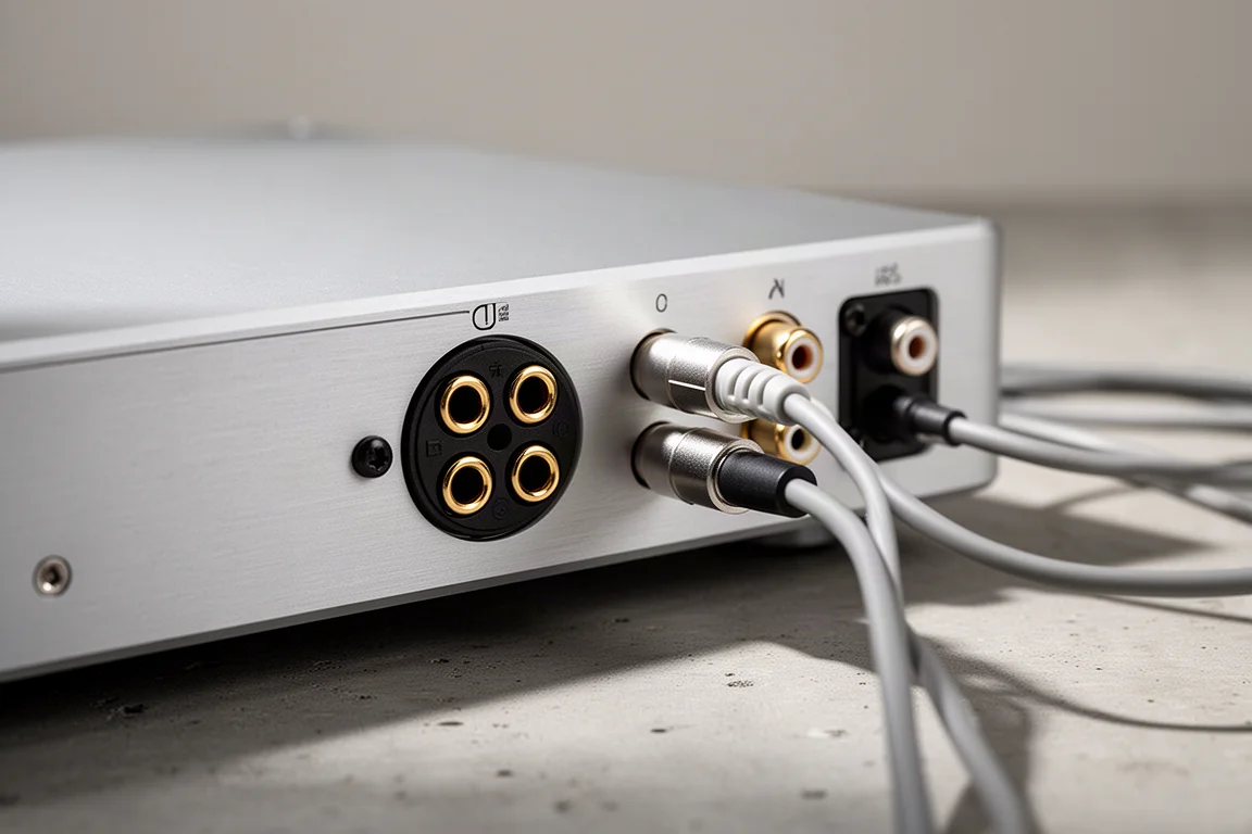 Frontpanelens display på en kompakt streamer som lyser i ett svagt belyst lyssningsrum