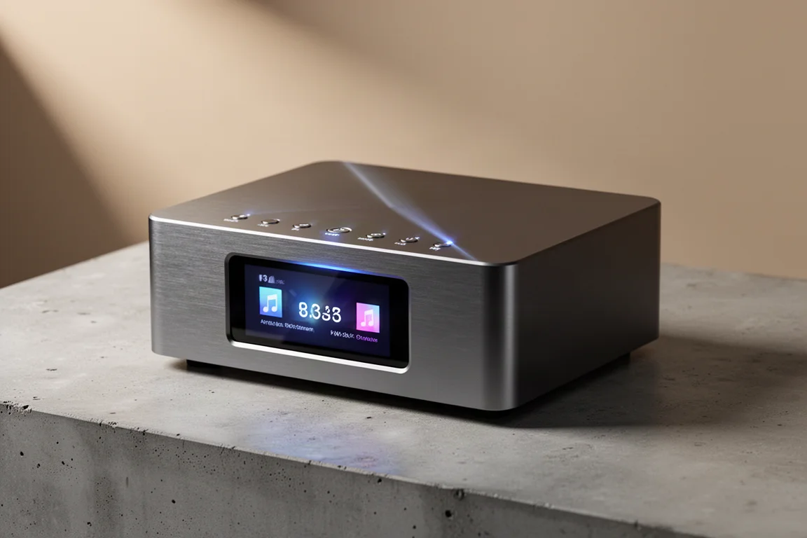 Compact aluminium hi-fi music streamer with a colour display on a concrete surface