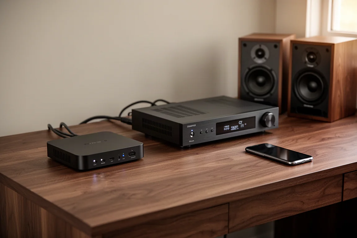 Compact black streamer on a walnut desk beside an amplifier and small bookshelf speakers