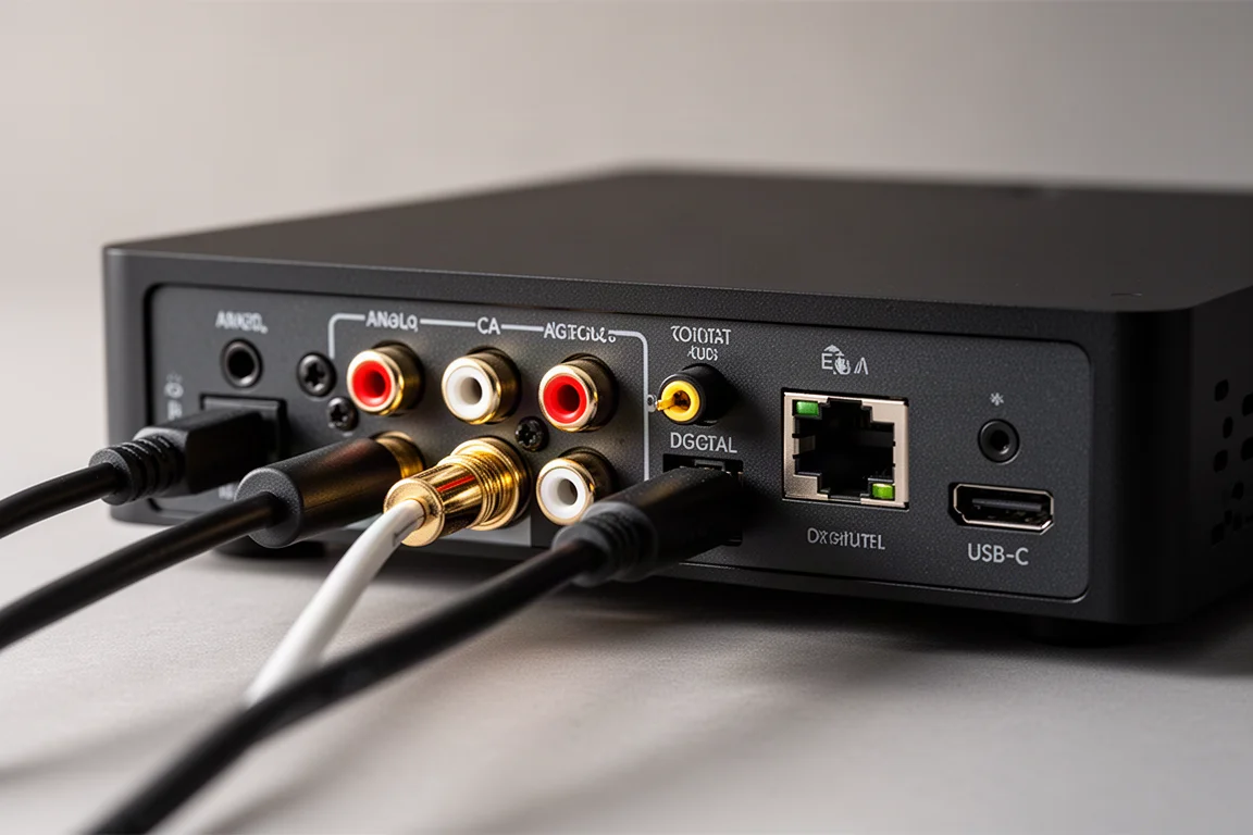 Rear panel of a compact streamer showing RCA sockets, digital outputs and USB-C input