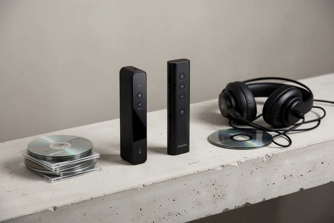 Two compact black streamers side by side on a concrete shelf with headphones nearby