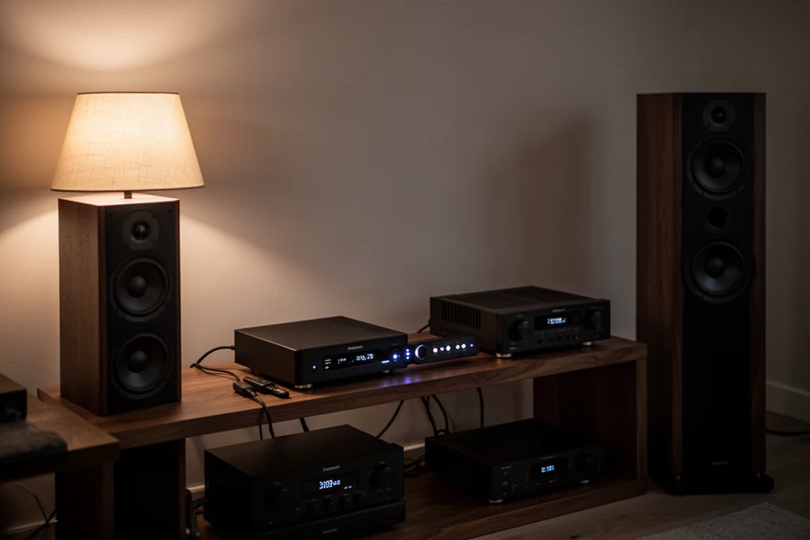 Evening listening room with a compact streamer glowing beside floorstanding speakers