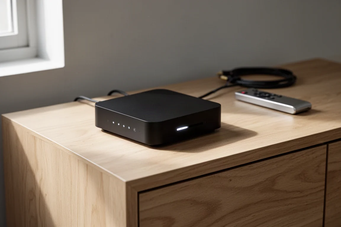 Compact matte black network music streamer on a pale oak sideboard in soft window light
